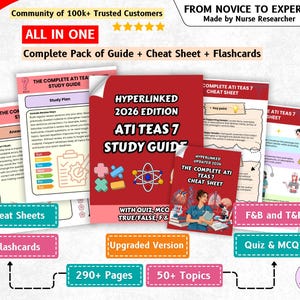 Könnte beinhalten: Eine Sammlung von ATI TEAS 7 Lernmaterialien, darunter ein roter Leitfaden mit dem Titel Hyperlinked 2026 Edition ATI TEAS 7 Study Guide, Spickzettel und Lernkarten. Die Dokumente enthalten Text, Diagramme und medizinische Illustrationen.