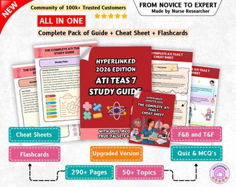 May include: A collection of ATI TEAS 7 study materials including a red cover guide titled Hyperlinked 2026 Edition ATI TEAS 7 Study Guide, cheat sheets, and flashcards. The documents feature text, diagrams, and illustrations of medical topics.