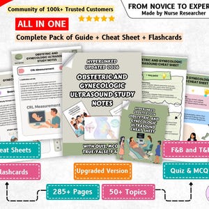 May include: A comprehensive educational pack featuring Obstetric and Gynecologic Ultrasound Study Notes, cheat sheets, and flashcards. The materials include 285+ pages covering 50+ topics, with hyperlinked 2026 updates, quizzes, MCQs, and true/false sections.
