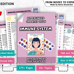 May include: A collection of study notes titled "Immune System Notes" with the text "Hyperlinked Updated 2026." The notes include topics, quizzes, and over 175 pages. The cover features an illustration of a person and immune system cells.