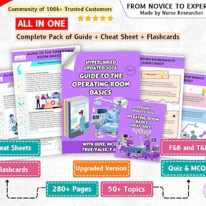 May include: A comprehensive educational bundle titled Guide to the Operating Room Basics, featuring a 2026 updated manual, cheat sheets, and flashcards. The purple-themed materials include text, diagrams, and illustrations of surgical procedures.