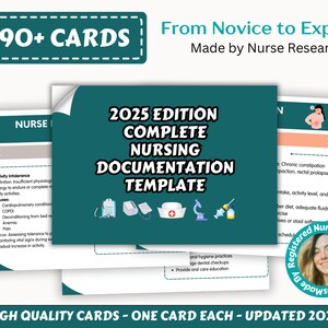 May include: A green and white card with the text "2025 Edition Complete Nursing Documentation Template" in a white box. The card also features a nurse's cap, a stethoscope, a microscope, and a syringe. The text "High Quality Cards - One Card Each - Updated 2025" is at the bottom of the card.