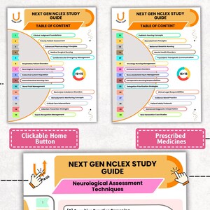 May include: Two pages from a study guide titled "NEXT GEN NCLEX STUDY GUIDE" with a table of contents. The first page lists topics like "Clinical Judgment Foundations" and "Respiratory Failure Disorders". The second page lists topics like "Pediatric Nursing Concepts" and "Oncology Nursing Management".