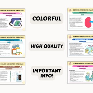 May include: Six colorful flashcards with illustrations and text about common medications. Each card has a title, such as "Calcium Channel Blockers" and "Loop Diuretics", and includes information about the medication, its uses, and potential side effects.