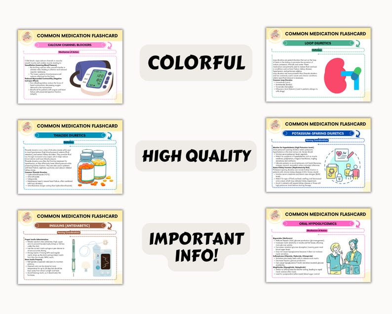 May include: Six colorful flashcards with illustrations and text about common medications. Each card has a title, such as "Calcium Channel Blockers" and "Loop Diuretics", and includes information about the medication, its uses, and potential side effects.
