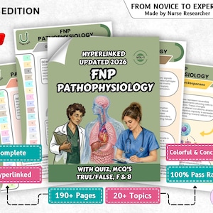 May include: A stack of educational materials for FNP Pathophysiology, including a central book with the title and the text "Hyperlinked Updated 2026". The image includes the text "From Novice to Expert" and "100% Pass Rate".