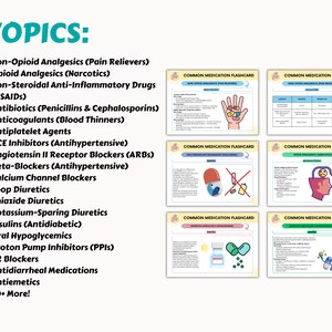 May include: A set of colorful flashcards with the title "COMMON MEDICATION FLASHCARD" and various illustrations of medications and medical concepts. The flashcards cover topics such as non-opioid analgesics, opioid analgesics, non-steroidal anti-inflammatory drugs, antibiotics, anticoagulants, antiplatelet agents, ACE inhibitors, angiotensin II receptor blockers, beta-blockers, calcium channel blockers, loop diuretics, thiazide diuretics, potassium-sparing diuretics, insulins, oral hypoglycemics, proton pump inhibitors, H2 blockers, antidiarrheal medications, and antiemetics.