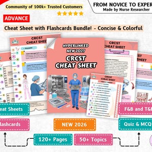 Może przedstawiać: Zestaw ściąg i fiszek CRCST zawierający ponad 120 stron i 50 tematów. Dokumenty zawierają tekst, taki jak NEW 2027, CRCST CHEAT SHEET, HYPERLINKED oraz FROM NOVICE TO EXPERT. Strony przedstawiają sprzęt medyczny, diagramy oraz tabele informacyjne.