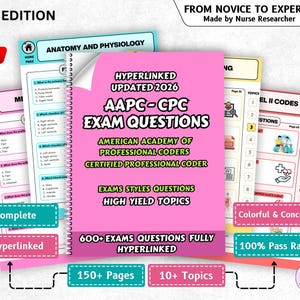 Puede incluir: Un conjunto de guías de estudio para el examen AAPC-CPC. La portada rosa dice "AAPC-CPC EXAM QUESTIONS" con "American Academy of Professional Coders" y "Certified Professional Coder" debajo. El texto adicional incluye "Exams Styles Questions" y "High Yield Topics."