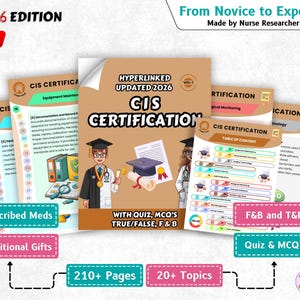 Puede incluir: Un conjunto de libros educativos titulados "CIS Certification" con el texto "2026 Edition" y "From Novice to Expert". Los libros presentan ilustraciones de profesionales médicos e incluyen temas como "Prescribed Meds" y "Quiz & MCQ's".