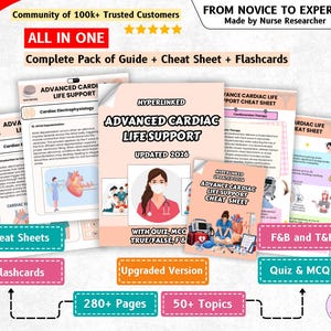 May include: A comprehensive Advanced Cardiac Life Support study guide set featuring multiple pages, cheat sheets, and flashcards. The documents include medical illustrations, text, and diagrams related to cardiac care, updated for 2026.