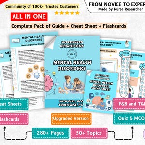 May include: A comprehensive educational bundle for mental health disorders, featuring a guide, cheat sheets, and flashcards. The materials include text, diagrams, and illustrations of healthcare professionals, with labels like Hyperlinked Updated 2026.
