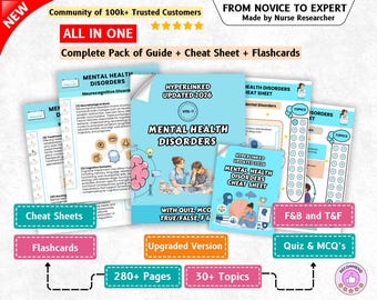May include: A comprehensive educational bundle for mental health disorders, featuring a guide, cheat sheets, and flashcards. The materials include text, diagrams, and illustrations of healthcare professionals, with labels like Hyperlinked Updated 2026.