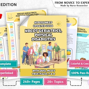 May include: A collection of study guides titled "NBCOT Geriatrics, Physical Disabilities" with the text "2026 Edition." The guides feature illustrations of people and text such as "Hyperlinked Updated 2026" and "Complete."