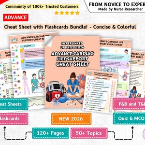 May include: A bundle of Advance Cardiac Life Support cheat sheets and flashcards featuring medical illustrations, diagrams, and text. The cover displays the title Advance Cardiac Life Support Cheat Sheet, a 2026 update, and a medical professional performing CPR.