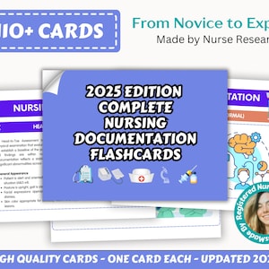 May include: A set of nursing documentation flashcards with the text "2025 Edition Complete Nursing Documentation Flashcards." The cards are blue and white, with illustrations of medical equipment. The text "110+ Cards" is also visible.