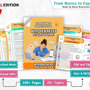 May include: A study guide titled "Next Gen NCLEX Study Guide" with the text "2026 Edition" and "New." The cover features a nurse and the text "Hyperlinked Updated 2026." Additional text includes "Prescribed Meds," "Additional Gifts," and "180+ Pages."