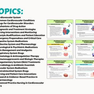 May include: A set of colorful flashcards with illustrations of different body systems, such as the cardiovascular, digestive, endocrine, nervous, respiratory, integumentary, and muscular systems. The flashcards are titled "Pharmacology Flashcards".