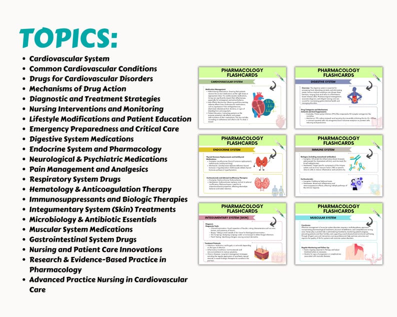 May include: A set of colorful flashcards with illustrations of different body systems, such as the cardiovascular, digestive, endocrine, nervous, respiratory, integumentary, and muscular systems. The flashcards are titled "Pharmacology Flashcards".