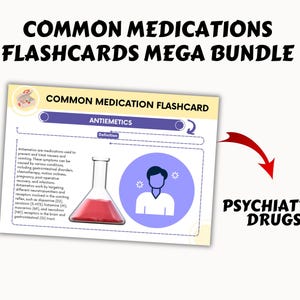 May include: A yellow and blue flashcard with the title "COMMON MEDICATION FLASHCARD" and the word "ANTIEMETICS" in a white box. The definition of antiemetics is provided in a white box with a red beaker and a blue circle with a person inside.