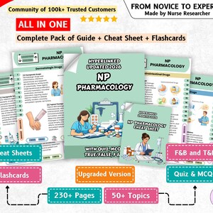 May include: A comprehensive NP Pharmacology study guide set featuring a 2026 updated manual, cheat sheets, and flashcards. The materials include illustrations of medical professionals, clinical diagrams, and text covering over 50 topics and 230 pages.