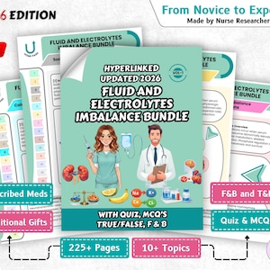 May include: A collection of educational resources, the "Fluid and Electrolytes Imbalance Bundle," with "2026 Edition" text. The cover shows medical illustrations and the text "Prescribed Meds" and "Quiz & MCQ's." The bundle is designed "From Novice to Expert."