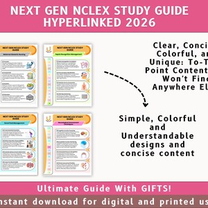 May include: A study guide with the text "NEXT GEN NCLEX STUDY GUIDE HYPERLINKED 2026" and the words "Clear, Concise, Colorful, and Unique: To-The-Point Content You Won't Find Anywhere Else." The guide is for digital and printed use.