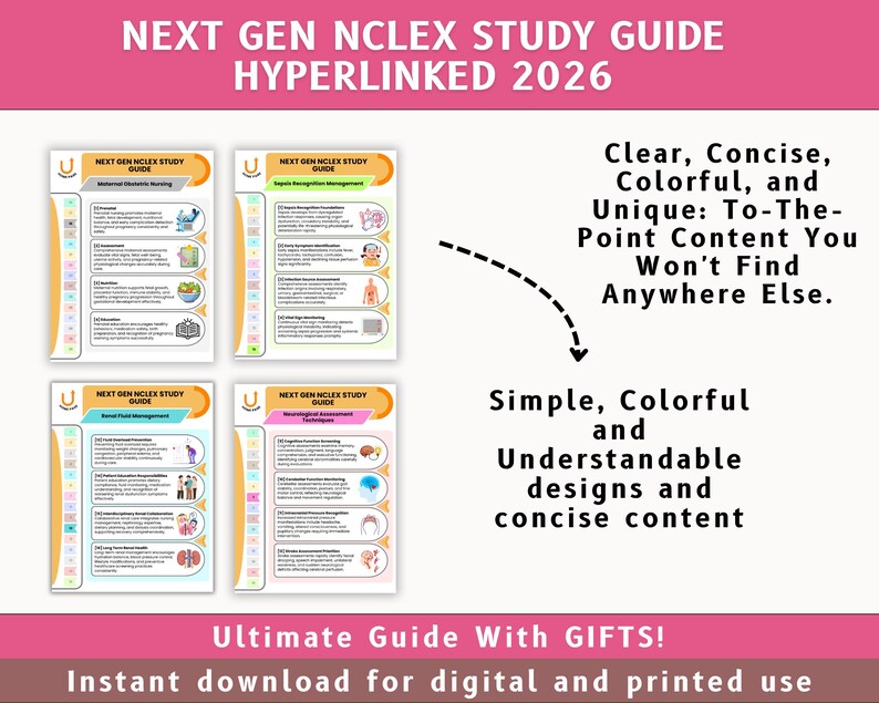 May include: A study guide with the text "NEXT GEN NCLEX STUDY GUIDE HYPERLINKED 2026" and the words "Clear, Concise, Colorful, and Unique: To-The-Point Content You Won't Find Anywhere Else." The guide is for digital and printed use.