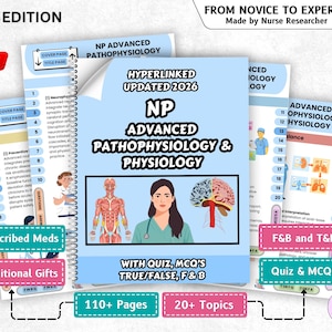 May include: A collection of spiral-bound educational materials titled "NP Advanced Pathophysiology & Physiology" with the text "2026 Edition." The cover features illustrations of the human body, a brain, and a nurse. Additional text includes "From Novice to Expert" and "110+ Pages."