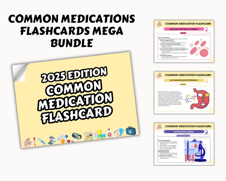 May include: A yellow and white illustration of a 2025 edition common medication flashcard. The image includes a variety of small icons of pills, bandages, and medical supplies. The text "2025 Edition Common Medication Flashcard" is in bold black text.