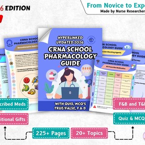 May include: A collection of educational guides, including the "CRNA School Pharmacology Guide" with the text "2026 Edition" and "New". The guides are in blue, pink, and green, with the main guide featuring a woman with a laptop. The guide includes quizzes and over 225 pages.