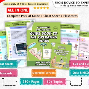 May include: A collection of educational materials titled Guidebook to the Operating Room, including a main guide, cheat sheets, and flashcards. The documents feature green covers, medical illustrations, and text detailing surgical procedures, vital monitoring, and safety protocols for 2026.