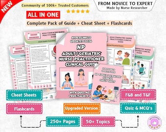 May include: A comprehensive educational set for Adult/Geriatric Nurse Practitioners, including a clinical guide, cheat sheets, and flashcards. The materials feature pink and white pages with text, medical illustrations, and the title NP Adult/Geriatric Nurse Practitioner Clinical Guide, updated for 2026.