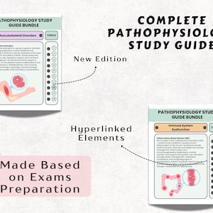 May include: A complete pathophysiology study guide bundle with hyperlinked elements. The guide includes topics on musculoskeletal disorders and immune system dysfunction. The text "Made Based on Exams Preparation" is also visible.