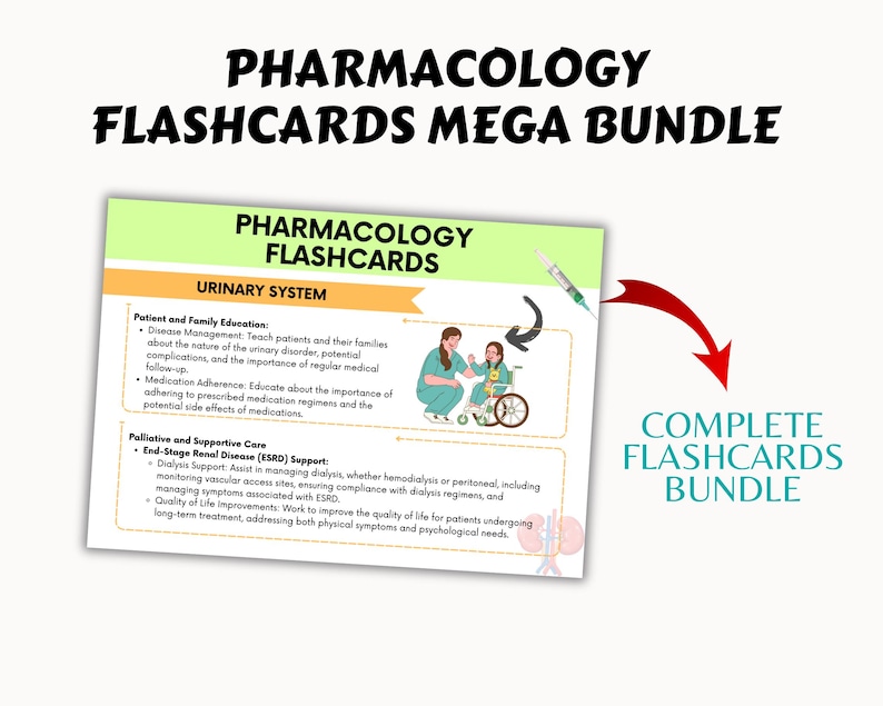 May include: A green and white flashcard with the title "Pharmacology Flashcards" and the subtitle "Urinary System". The flashcard features a cartoon illustration of a nurse helping a child in a wheelchair. The text on the flashcard discusses patient and family education, palliative and supportive care, and end-stage renal disease.