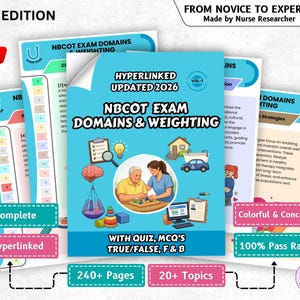 May include: A stack of study guides titled "NBCOT Exam Domains & Weighting" with the text "2026 Edition." The cover is light blue with illustrations and the text "Hyperlinked Updated 2026." Additional text includes "Complete," "Hyperlinked," and "100% Pass Rate."