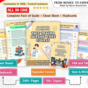 Puede incluir: Un conjunto educativo completo para el TNCC Trauma Nursing Core Course, que incluye una guía, hojas de referencia y tarjetas didácticas. Los materiales presentan texto como Hyperlinked Updated 2026, TNCC Trauma Nursing Core Course y 260+ Pages.