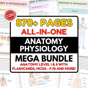 以下が含まれることがあります： 解剖学と生理学の教育資料のコレクション。フラッシュカードやMCQが含まれています。画像には「870+ PAGES ALL-IN-ONE ANATOMY PHYSIOLOGY MEGA BUNDLE」というテキストが表示されています。資料は解剖学レベルI＆IIをカバーしています。