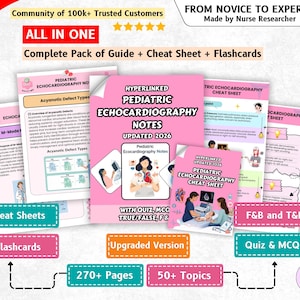 Puede incluir: Un conjunto educativo completo titulado Pediatric Echocardiography Notes Updated 2026, que incluye guías, hojas de referencia y tarjetas didácticas. Los documentos contienen texto, diagramas e ilustraciones sobre estudios médicos cardíacos.
