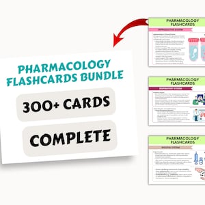 May include: A white and teal digital download product listing for a pharmacology flashcards bundle. The listing includes the text "Pharmacology Flashcards Bundle", "300+ Cards", and "Complete". The image also shows three sample flashcards with illustrations of the reproductive, respiratory, and skeletal systems.