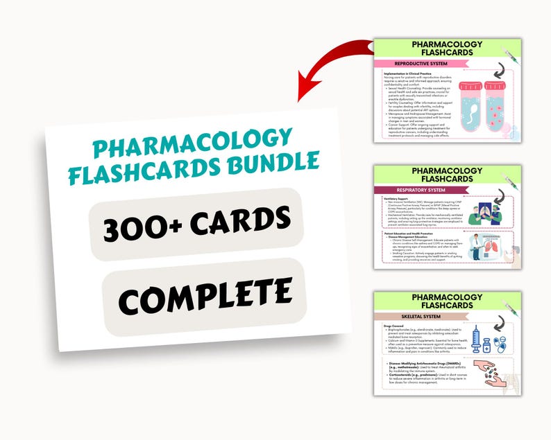 May include: A white and teal digital download product listing for a pharmacology flashcards bundle. The listing includes the text "Pharmacology Flashcards Bundle", "300+ Cards", and "Complete". The image also shows three sample flashcards with illustrations of the reproductive, respiratory, and skeletal systems.