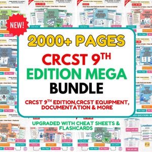 May include: A digital educational bundle featuring 2000+ pages for CRCST 9th Edition certification. The central text reads 2000+ PAGES CRCST 9TH EDITION MEGA BUNDLE, surrounded by numerous smaller document thumbnails, flashcards, and cheat sheets.