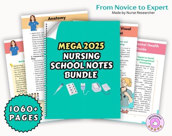 May include: A teal blue spiral bound notebook with the text "MEGA 2025 NURSING SCHOOL NOTES BUNDLE" in white. The notebook has images of medical equipment and a cartoon nurse on the cover.