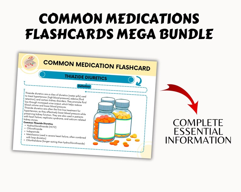May include: A white and blue flashcard with the title "Thiazide Diuretics" and a definition of the medication. The flashcard also includes a list of common thiazide diuretics and an illustration of three pill bottles.