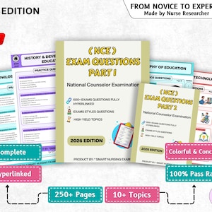 Puede incluir: Guías de estudio para el Examen Nacional de Consejeros, con el texto "2026 Edition" y "From Novice to Expert". Las guías incluyen "Exam Questions Part 1 & 2", con pestañas coloridas y las palabras "Complete", "Hyperlinked" y "100% Pass Rate".
