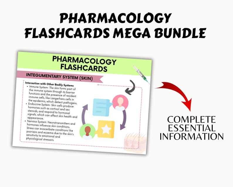 May include: A colorful illustration of a human figure with arrows showing the interaction of the skin with other body systems. The text reads "Pharmacology Flashcards Mega Bundle" and "Integumentary System (Skin)". The text also describes the interaction of the skin with the immune, endocrine, and nervous systems.