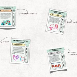May include: Four study guide cards, each labelled "Pathophysiology Study Guide Bundle." The cards cover topics like immune system dysfunction and reproductive conditions, with illustrations. Text includes "Complete Notes," "Made by Expert," "2025 Updated," and "Advance & Unique." The cards are designed for educational purposes.