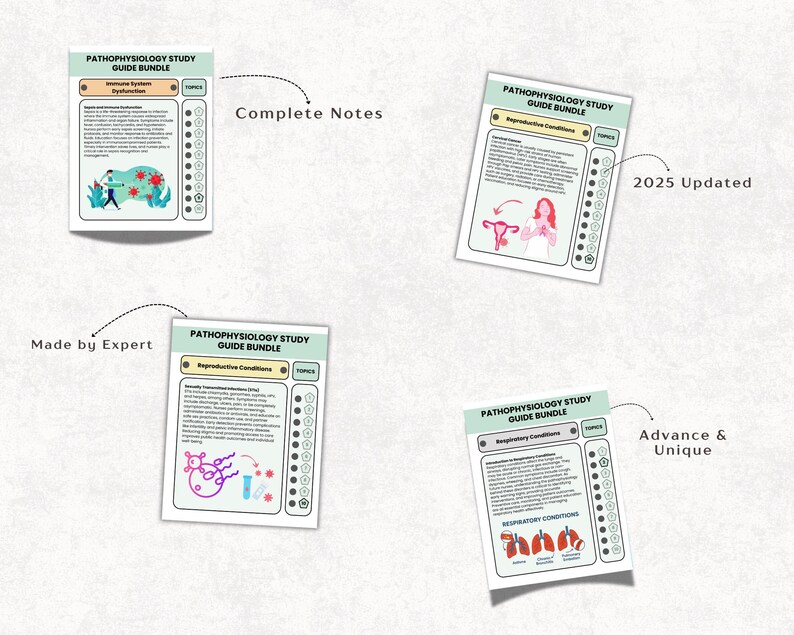 May include: Four study guide cards, each labelled "Pathophysiology Study Guide Bundle." The cards cover topics like immune system dysfunction and reproductive conditions, with illustrations. Text includes "Complete Notes," "Made by Expert," "2025 Updated," and "Advance & Unique." The cards are designed for educational purposes.