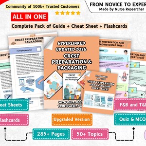 May include: A comprehensive educational study guide for CRCST preparation and packaging, featuring a collection of documents, cheat sheets, and flashcards. The materials include text, diagrams, and illustrations related to medical instrument sterilisation, packaging, and testing, totalling over 285 pages and 50 topics.