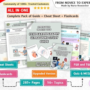 May include: A comprehensive echocardiography ultrasound study guide, cheat sheets, and flashcards set. The materials feature the text 'Echocardiography Ultrasound Study Guide', 'Hyperlinked Updated 2026', '285+ Pages', '50+ Topics', and 'From Novice to Expert'.